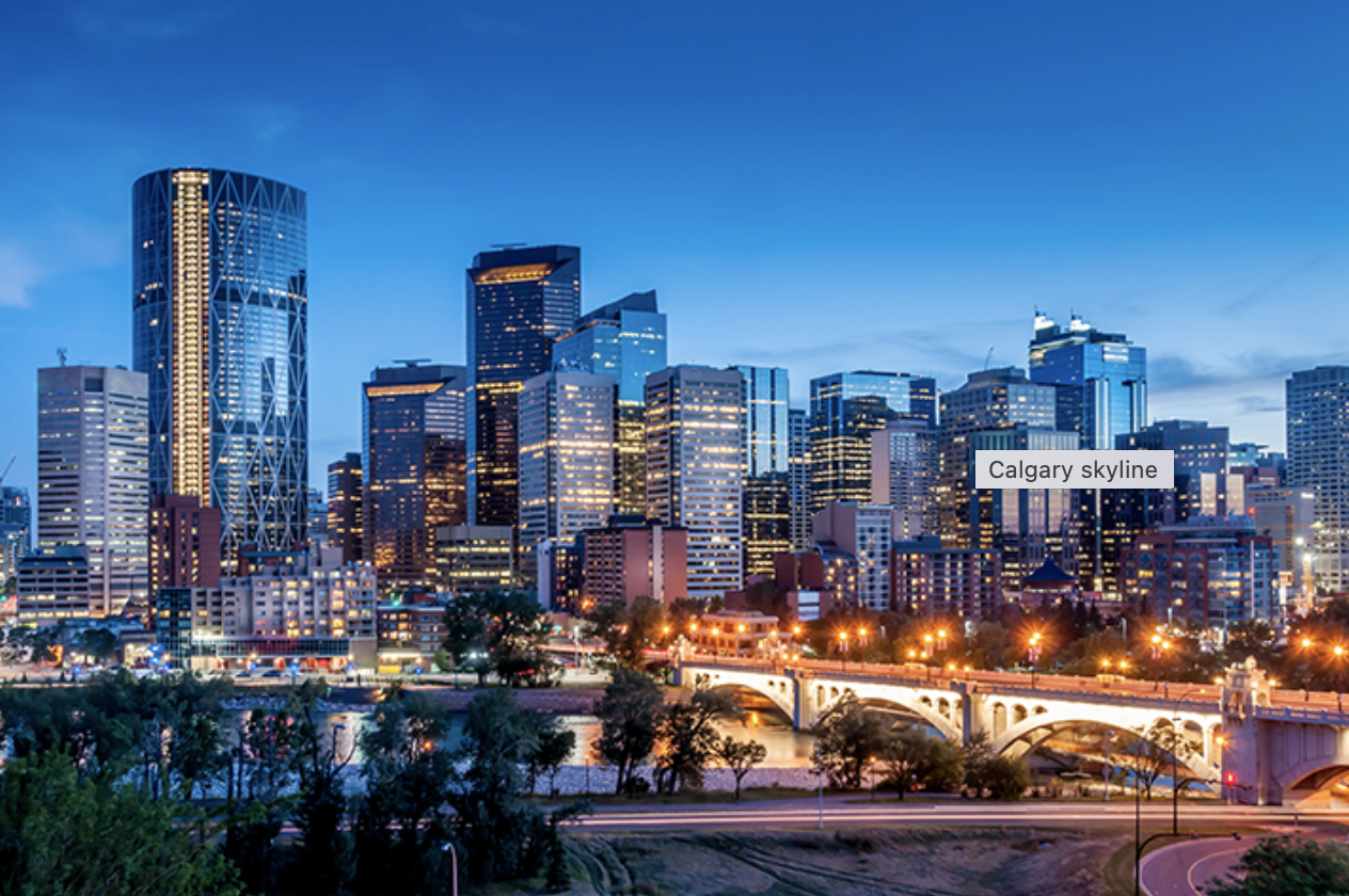 A nighttime image of downtown Calgary, Alberta, Canada.